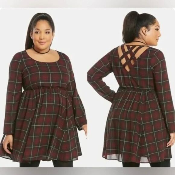 Torrid NWT Maroon/Black Plaid Lattice Back Skater Dress Sz 2/2X - Picture 1 of 9